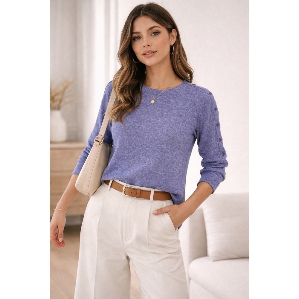 Talbots Petite Purple Marled Knit Top 3/4 Sleeve Button Shoulder Detail‎ SP
